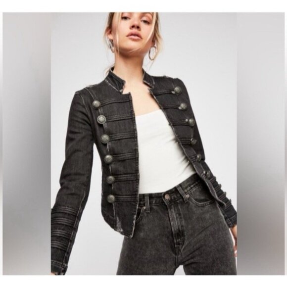 FREE PEOPLE Black Denim Jacket XS Military Distressed Fitted Boho - Picture 1 of 15